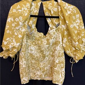 Anthropologie Yellow Floral Smocked Blouse